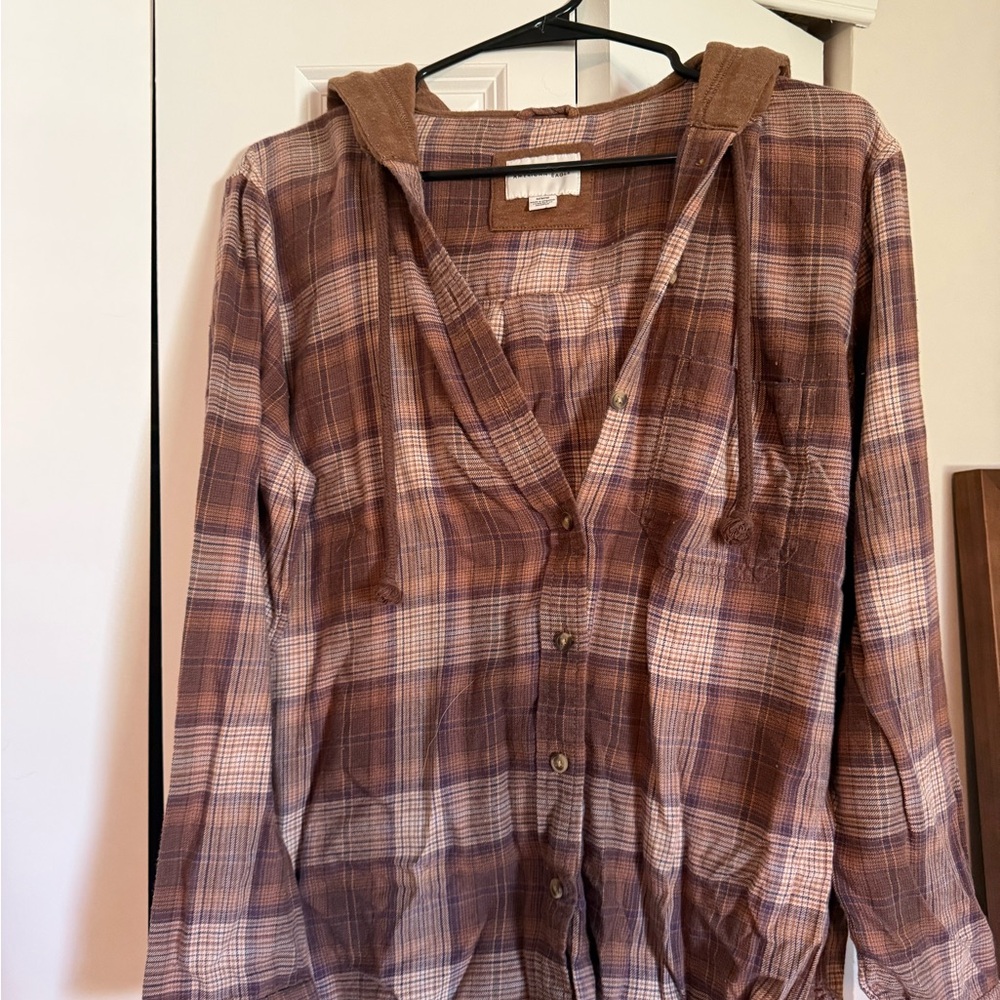 American Eagle Outfitters Distressed Brown Plaid Flannel